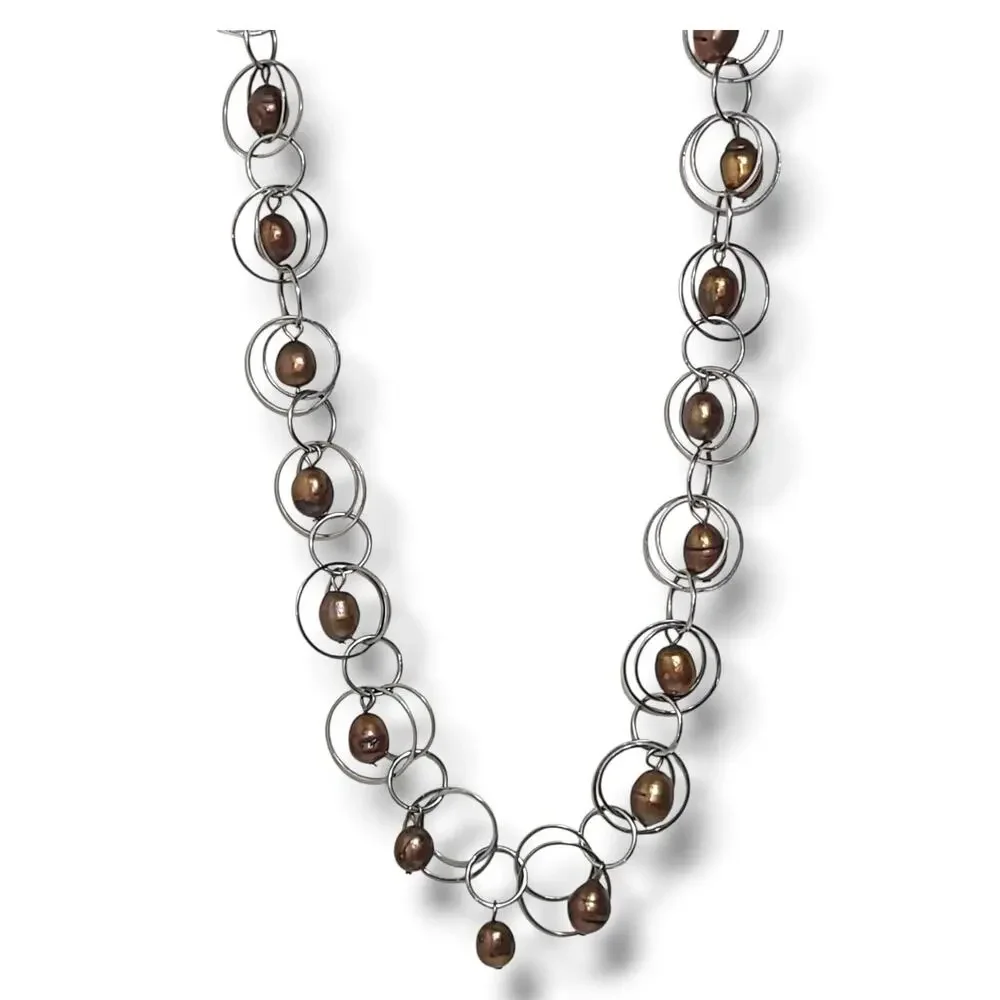 Silver Tone‎ Hoop Chain Bronze Potato Freshwater Pearls Station Necklace